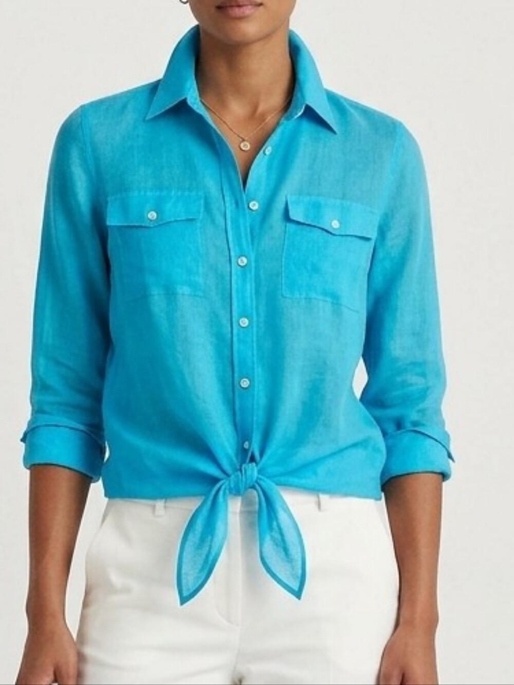 Lauren Ralph Lauren Turquoise Silk Cotton Tie Front Long Sleeve Blouse M